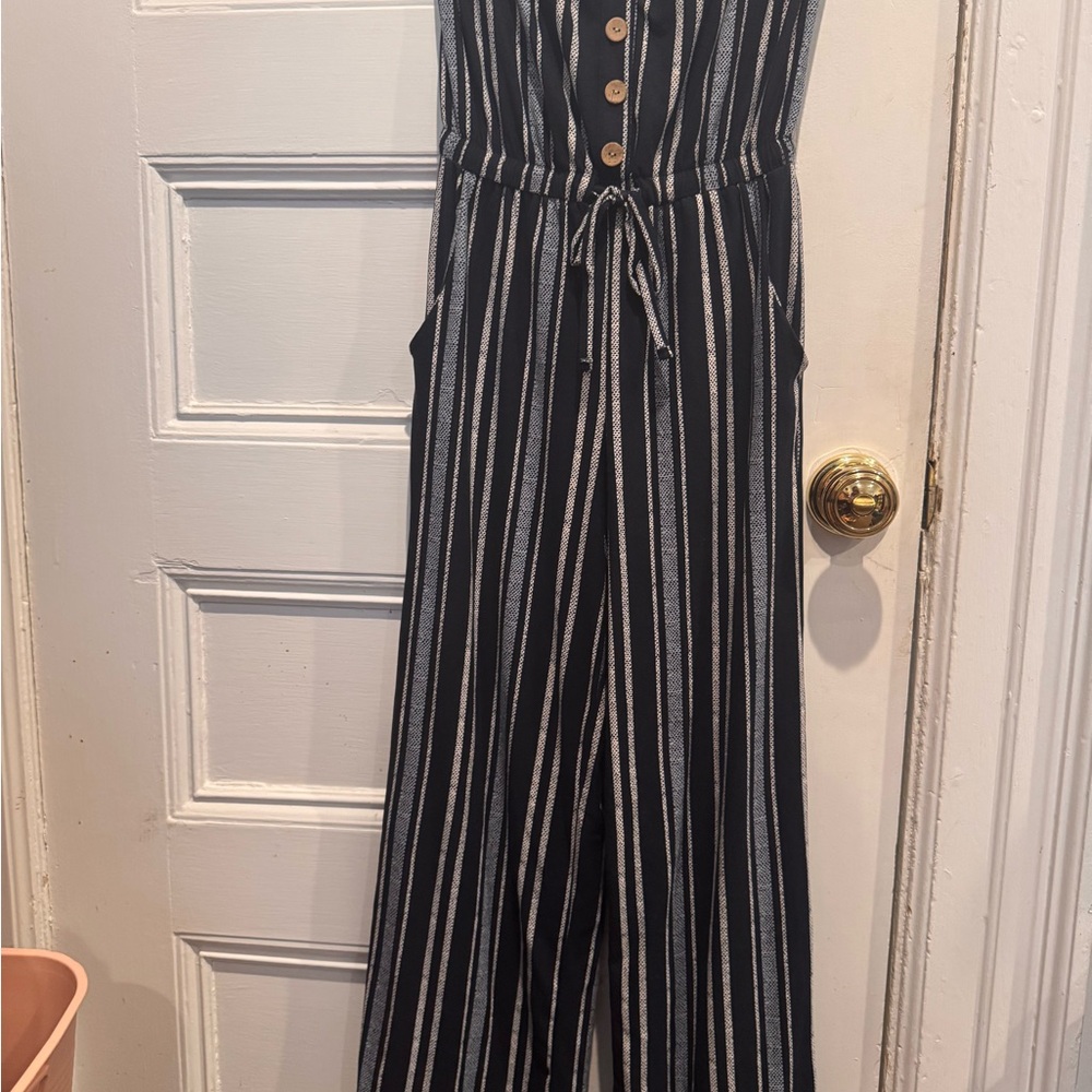 No Boundaries Black and White Vertical Stripe Wide-Leg Jumpsuit